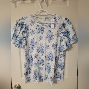 Loft Linen Bouquet Mixed Media Flutter Sleeve Top, Blue & White, NWT, size M